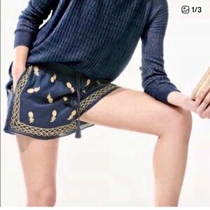 J crew Navy/ gold embroidered pineapple stretch waist shorts size xxs